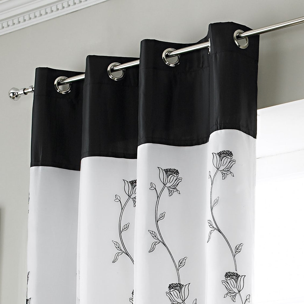 Tahiti Floral Embroidered Lined Eyelet Curtains in Black