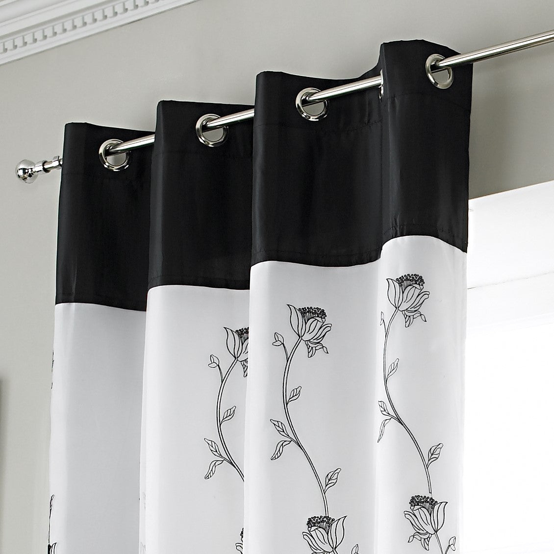Tahiti Floral Embroidered Lined Eyelet Curtains in Black