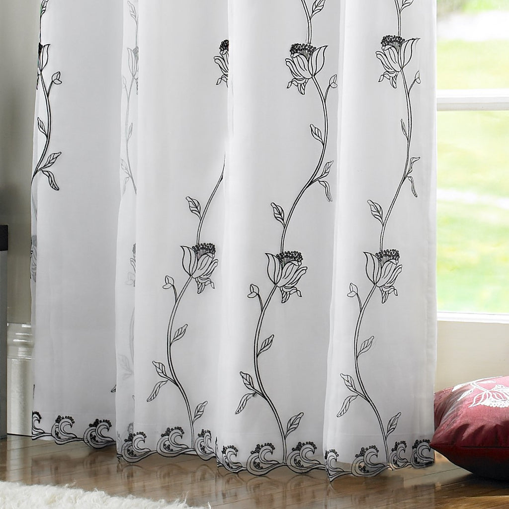 Tahiti Floral Embroidered Lined Eyelet Curtains in Black