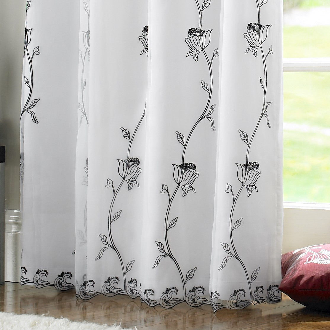Tahiti Floral Embroidered Lined Eyelet Curtains in Black
