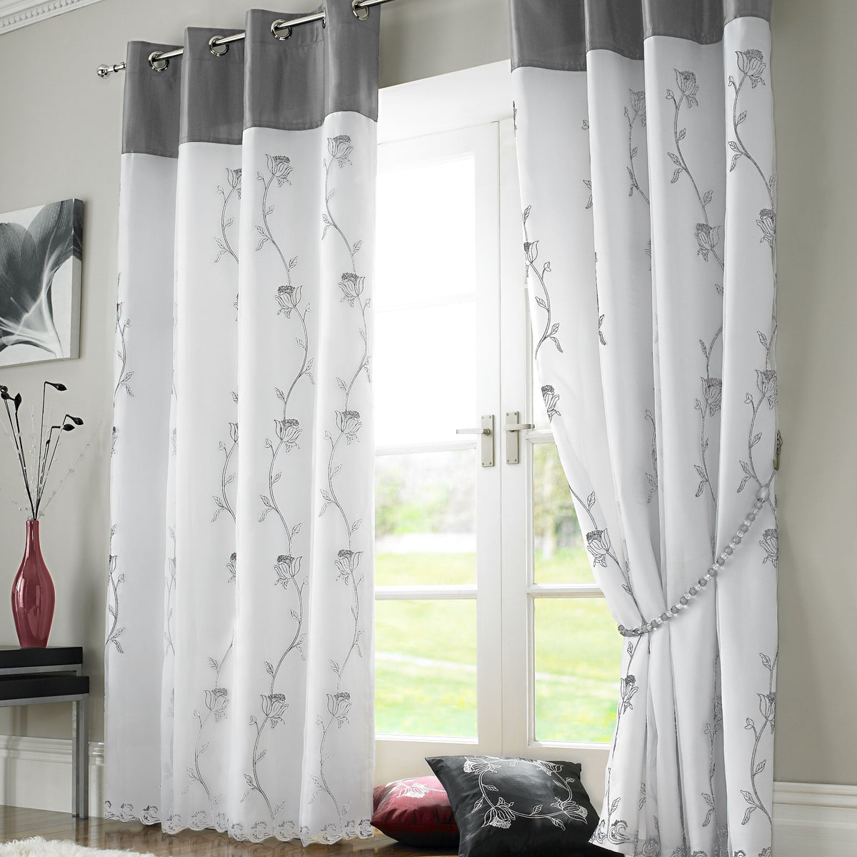 Tahiti Floral Embroidered Lined Eyelet Curtains in Silver