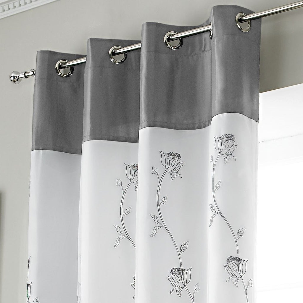 Tahiti Floral Embroidered Lined Eyelet Curtains in Silver
