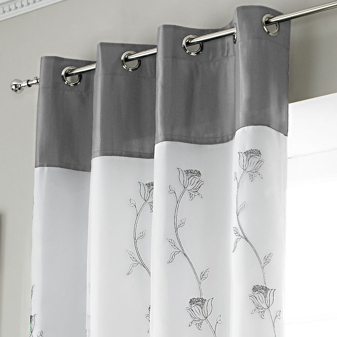 Tahiti Floral Embroidered Lined Eyelet Curtains in Silver