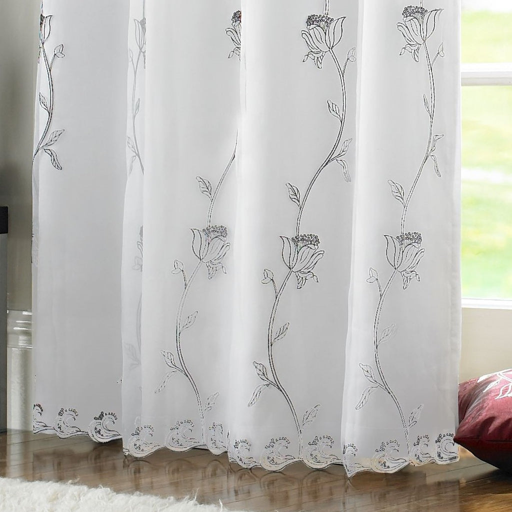 Tahiti Floral Embroidered Lined Eyelet Curtains in Silver
