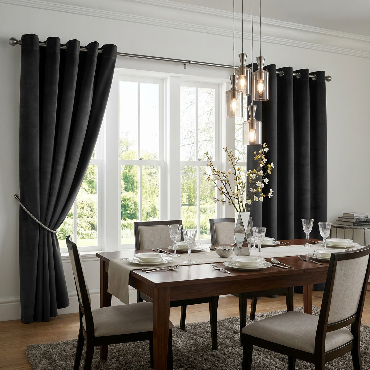 Velvet Blackout Eyelet Curtains in Black