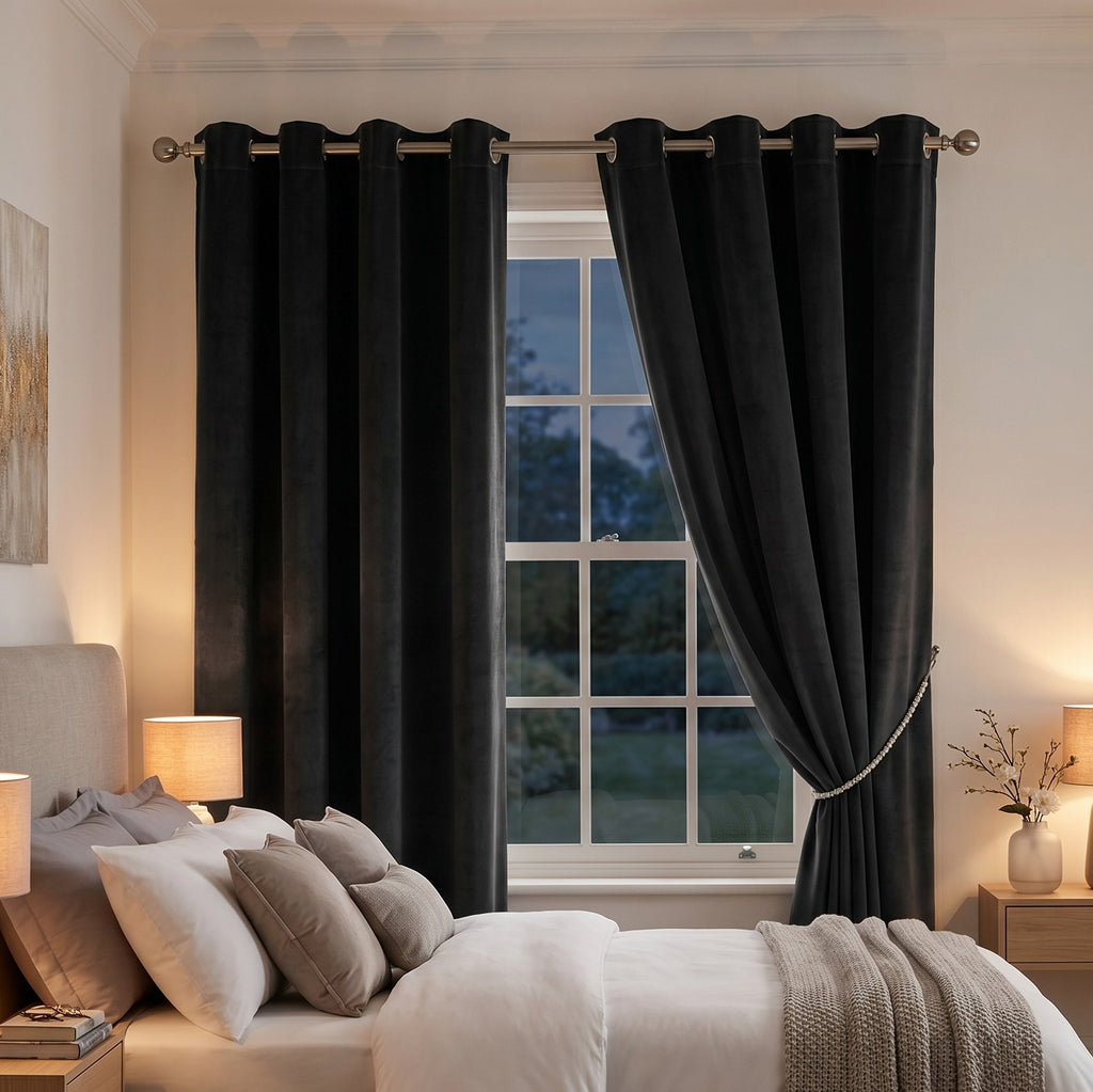 Velvet Blackout Eyelet Curtains in Black