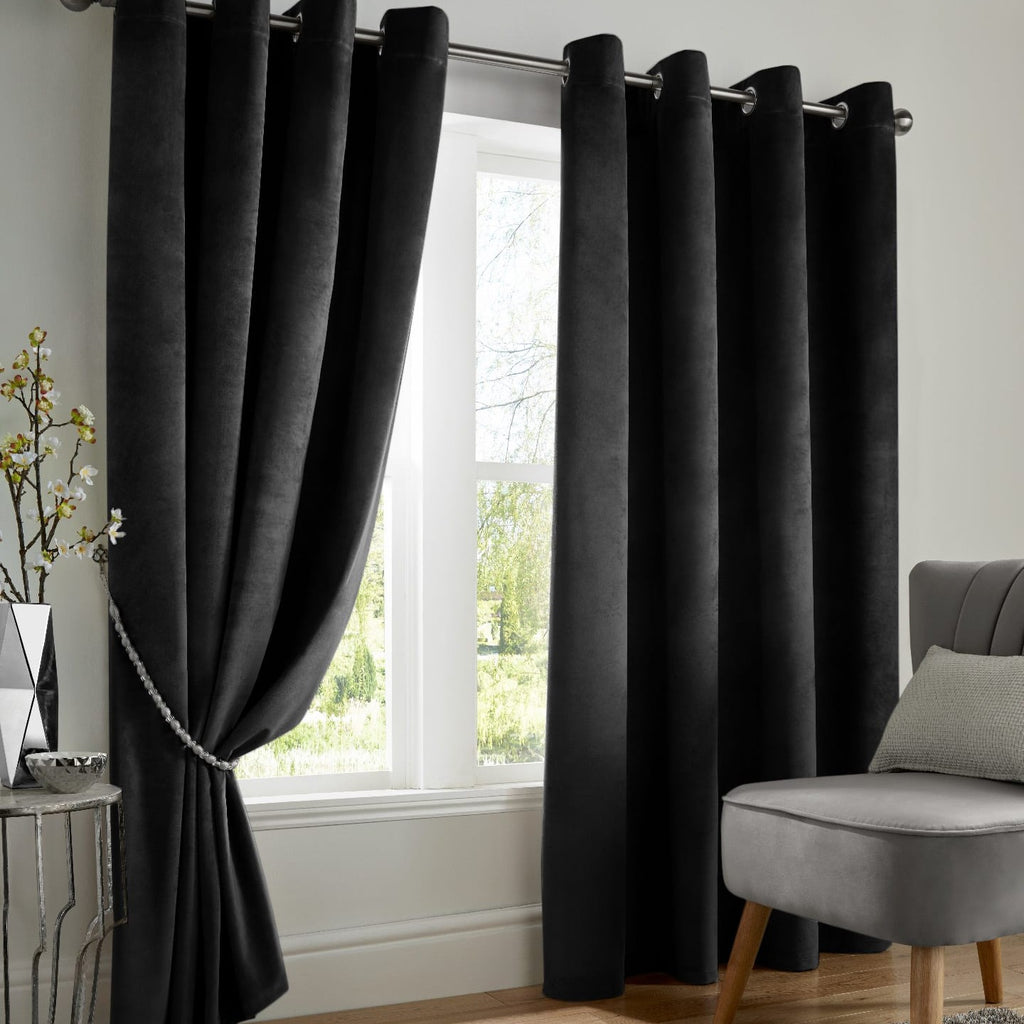 Velvet Blackout Eyelet Curtains in Black