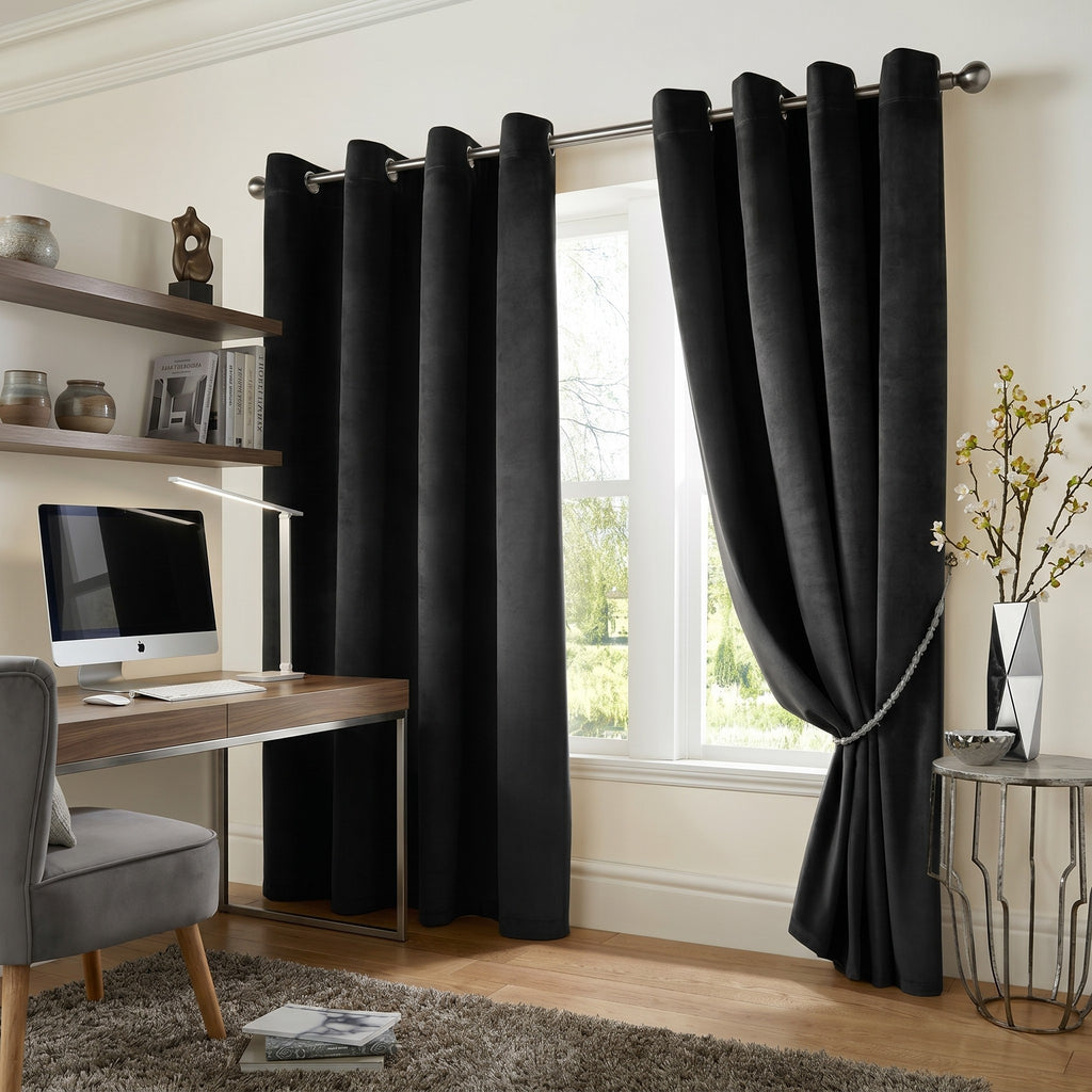 Velvet Blackout Eyelet Curtains in Black