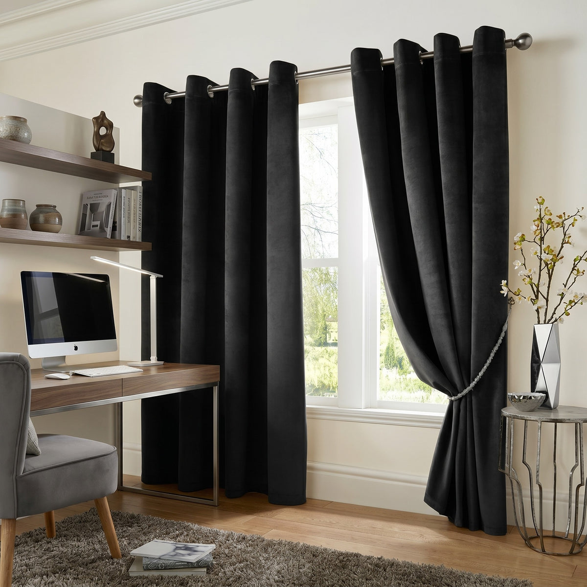 Velvet Blackout Eyelet Curtains in Black