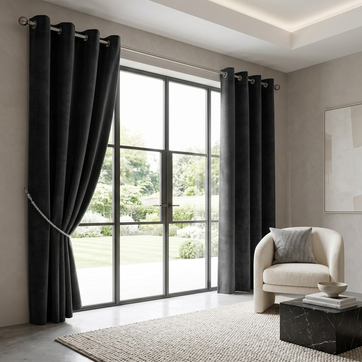 Velvet Blackout Eyelet Curtains in Black