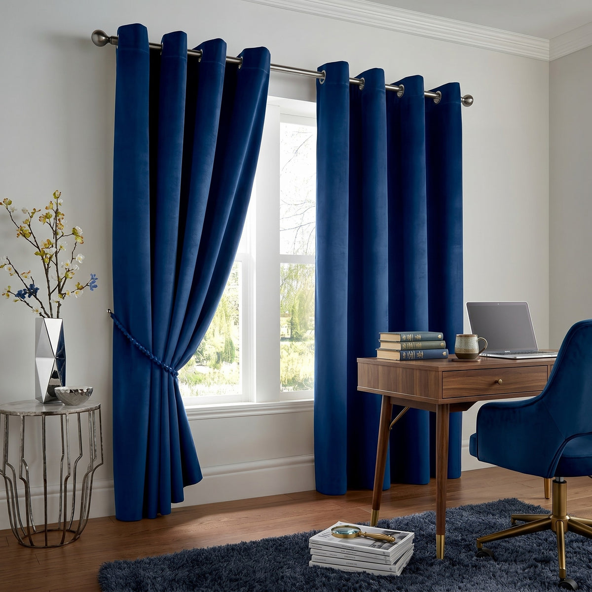 Velvet Blackout Eyelet Curtains in Navy Blue