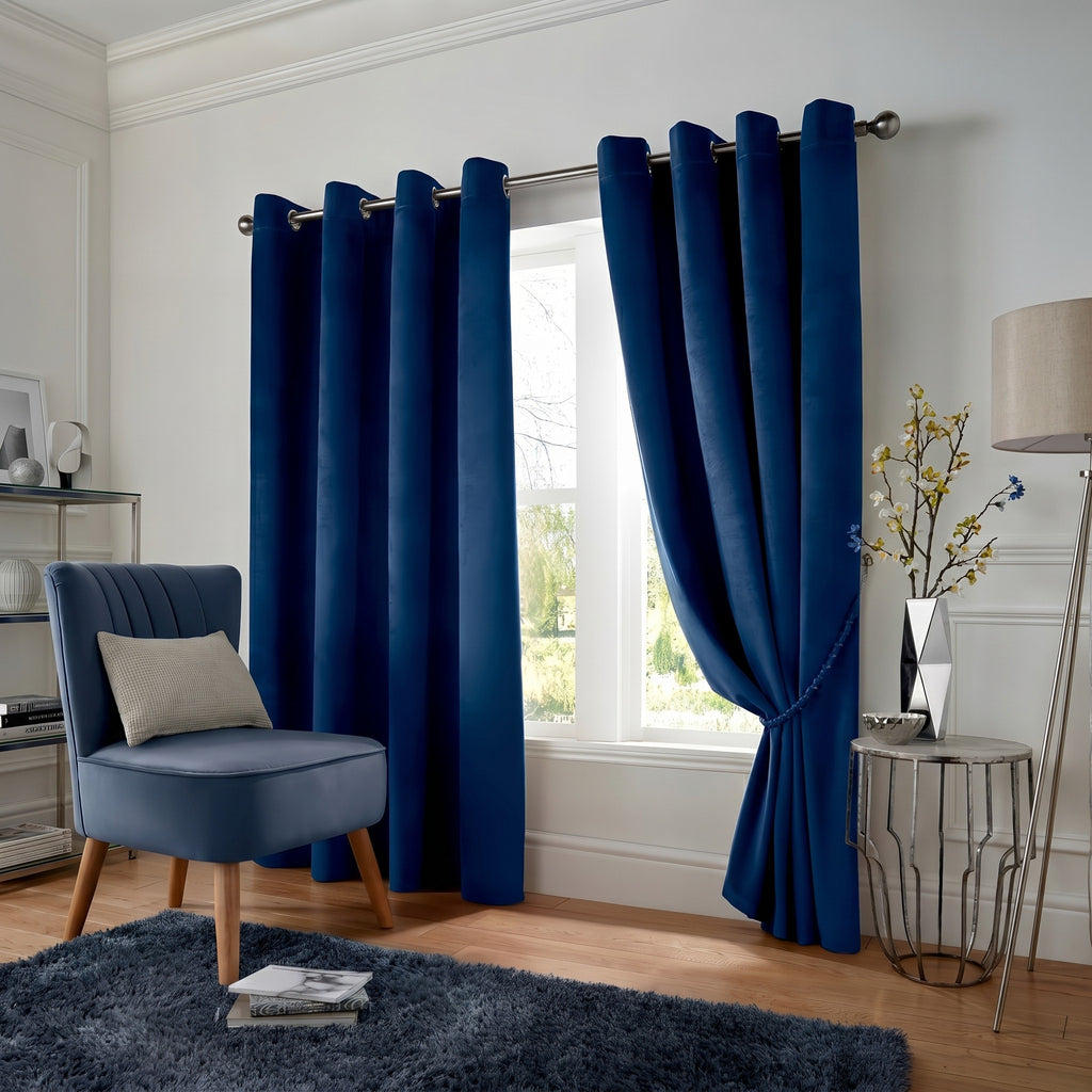 Velvet Blackout Eyelet Curtains in Navy Blue