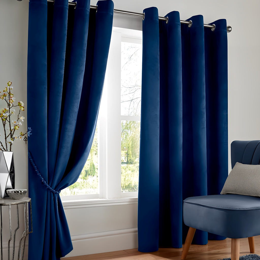 Velvet Blackout Eyelet Curtains in Navy Blue
