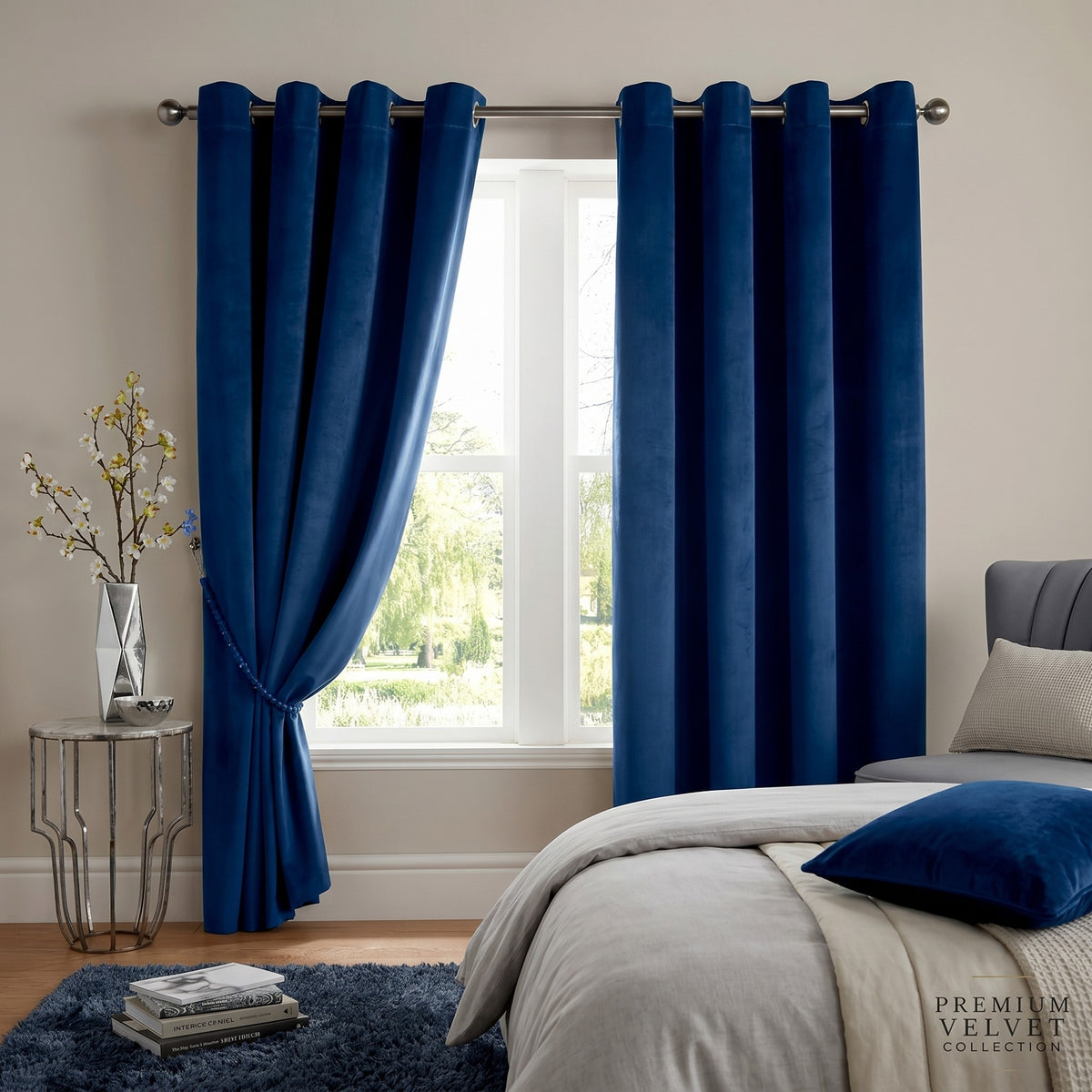 Velvet Blackout Eyelet Curtains in Navy Blue