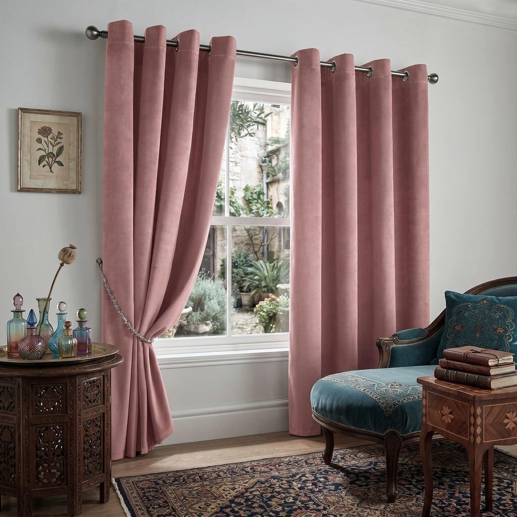 Velvet Blackout Eyelet Curtains in Blush Pink