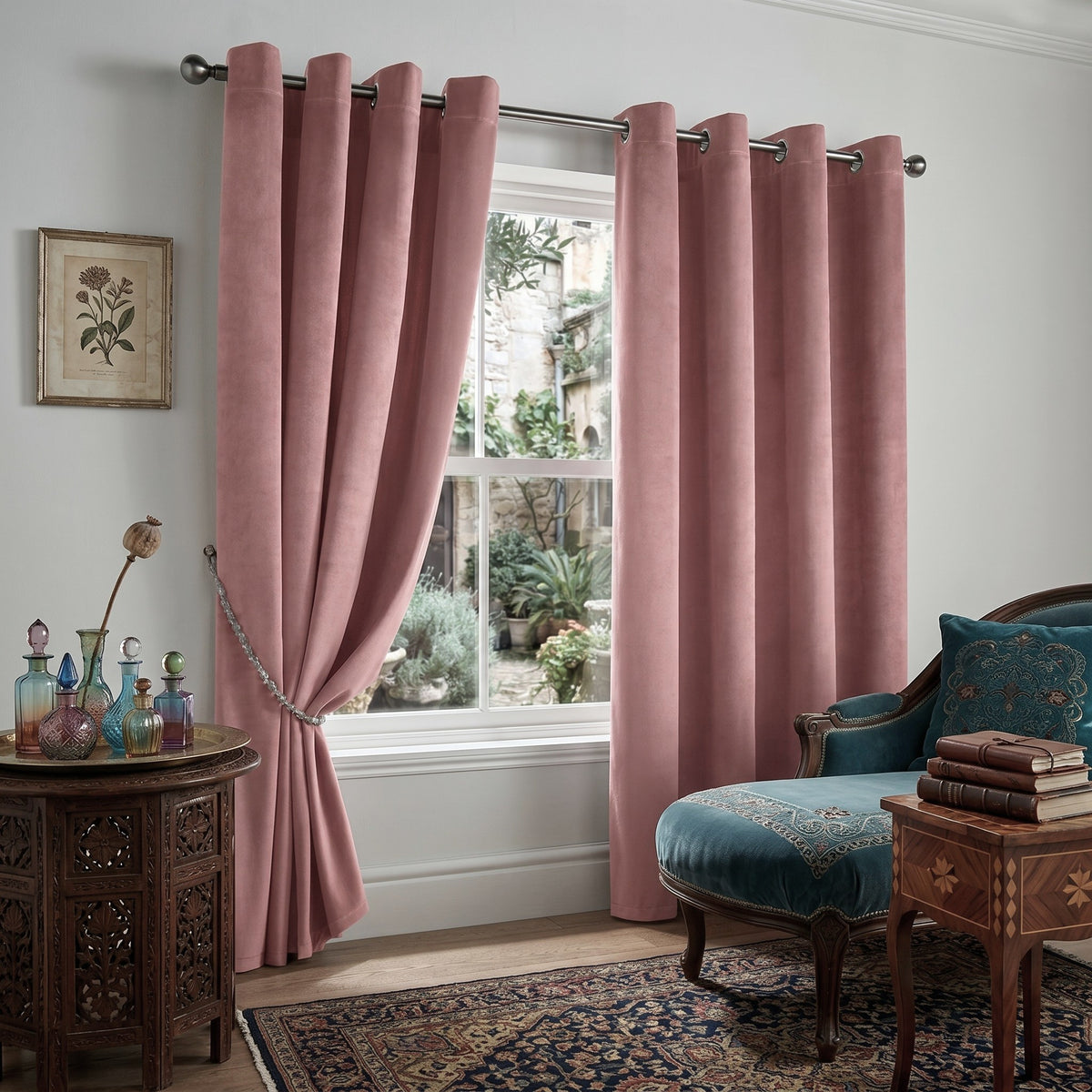 Velvet Blackout Eyelet Curtains in Blush Pink