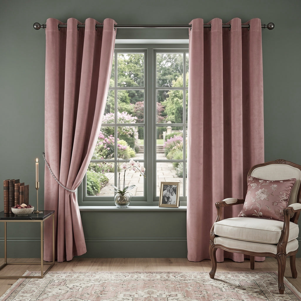 Velvet Blackout Eyelet Curtains in Blush Pink