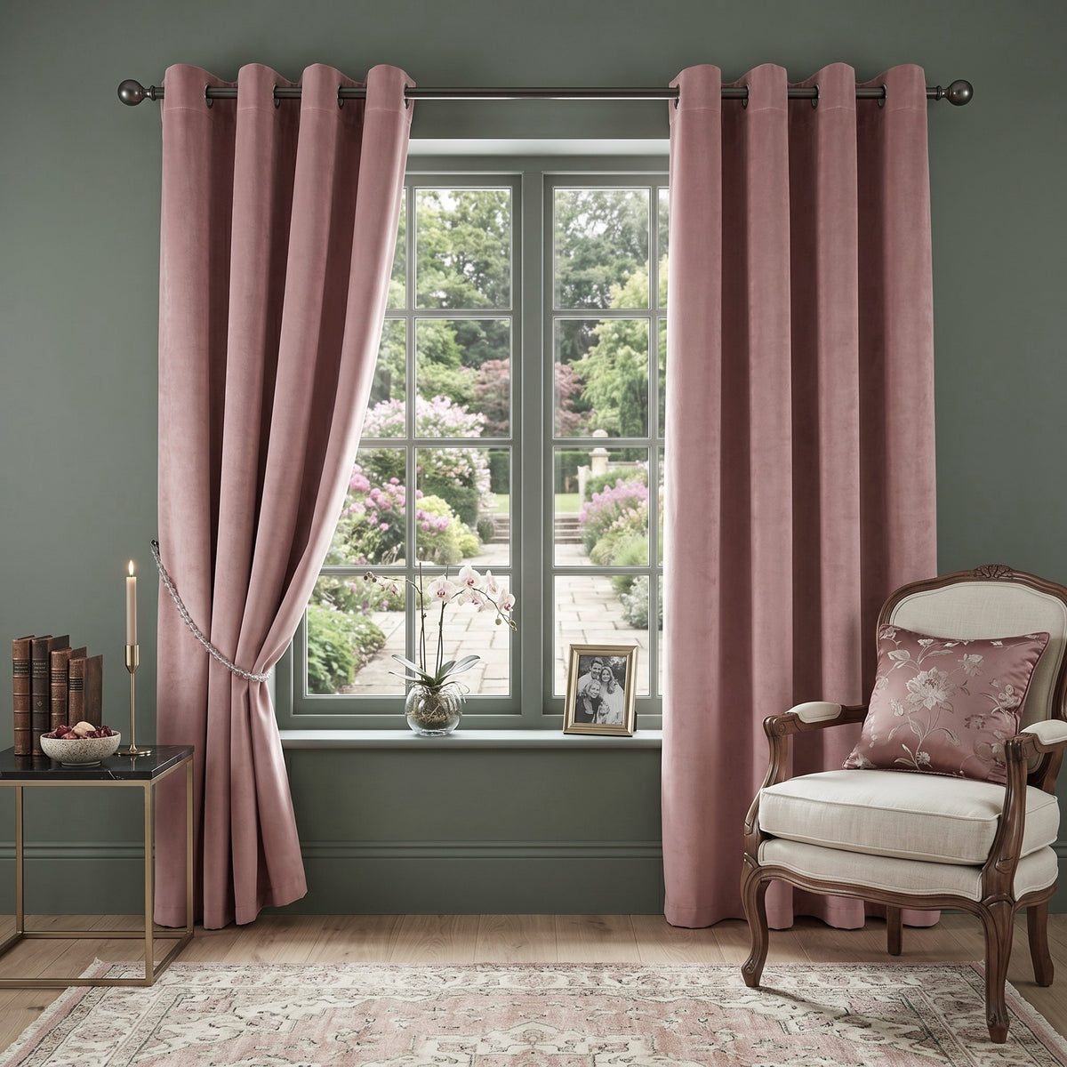 Velvet Blackout Eyelet Curtains in Blush Pink