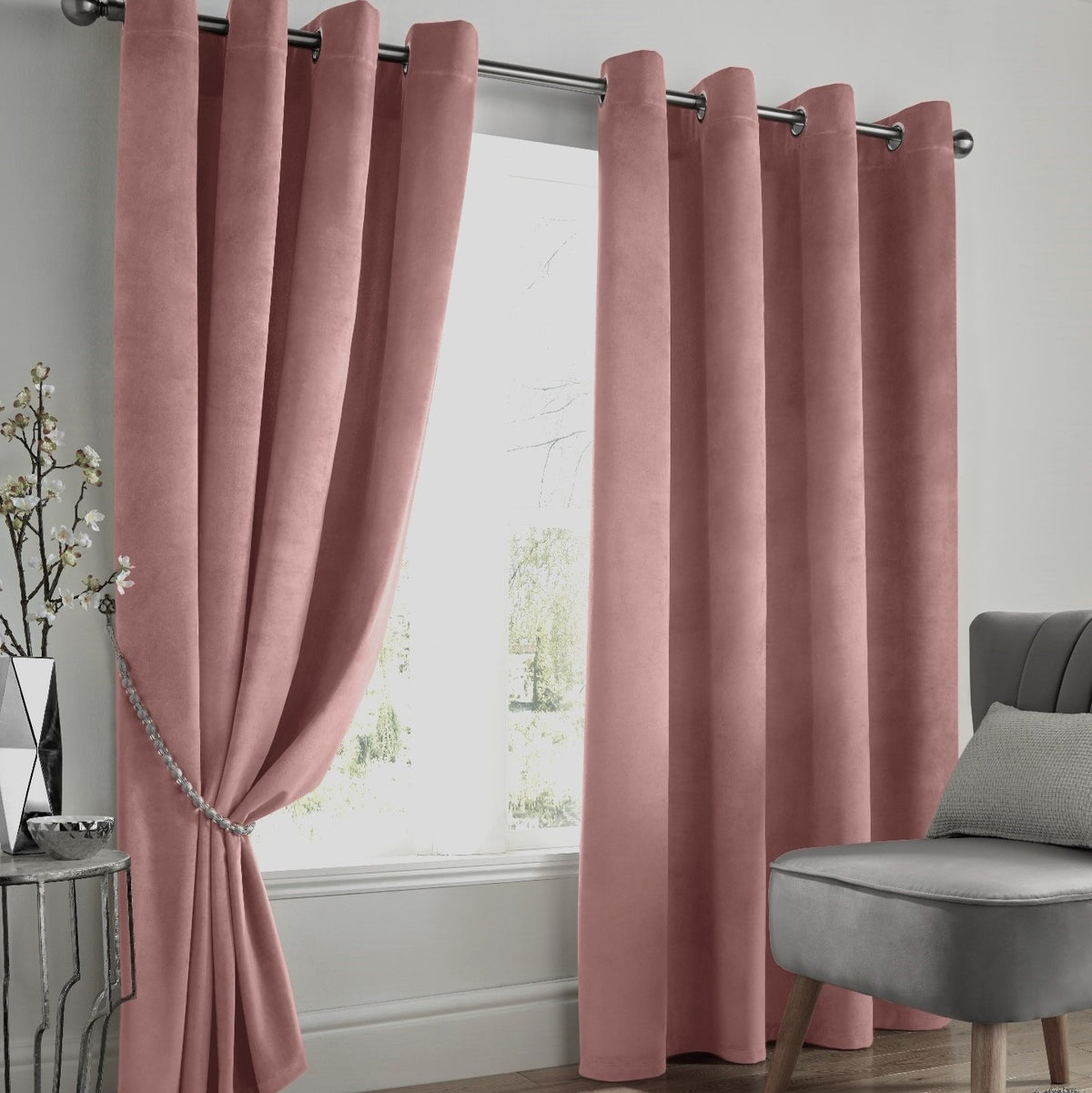 Velvet Blackout Eyelet Curtains in Blush Pink
