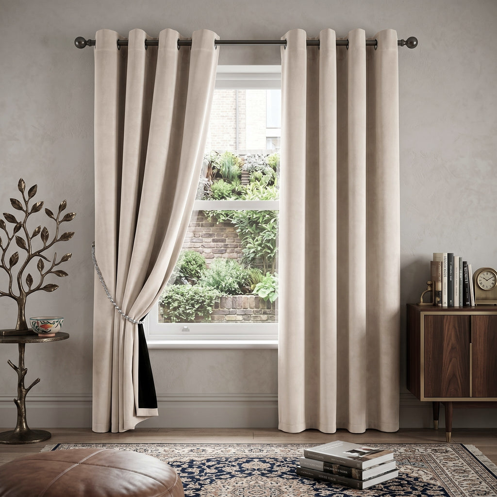 Velvet Blackout Eyelet Curtains in Cream