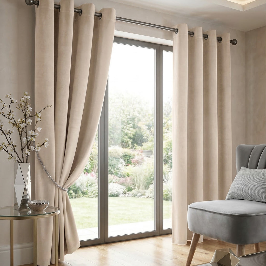 Velvet Blackout Eyelet Curtains in Cream