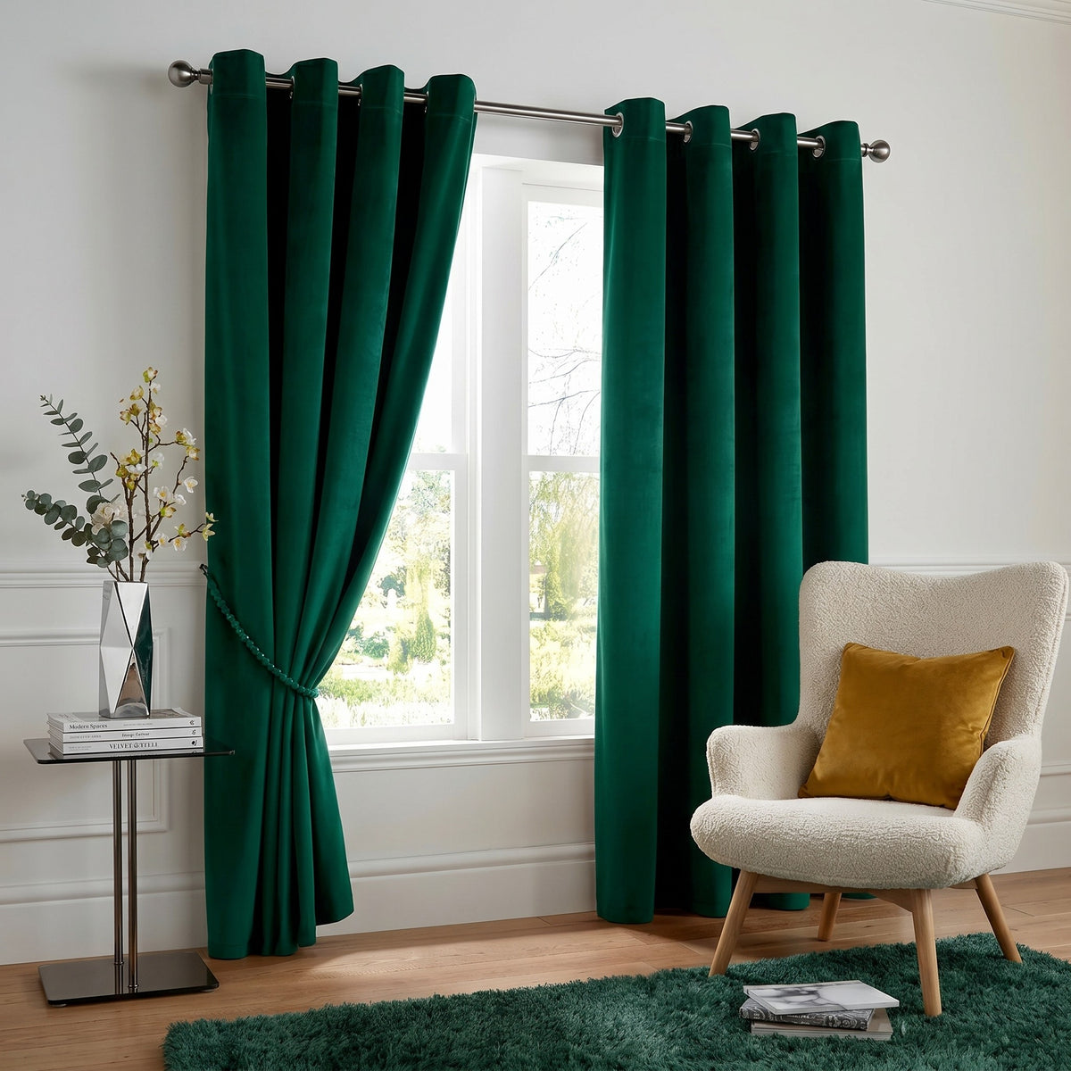 Velvet Blackout Eyelet Curtains in Green