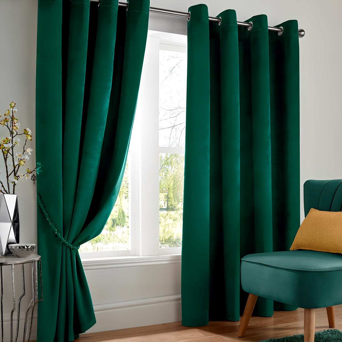 Velvet Blackout Eyelet Curtains in Green