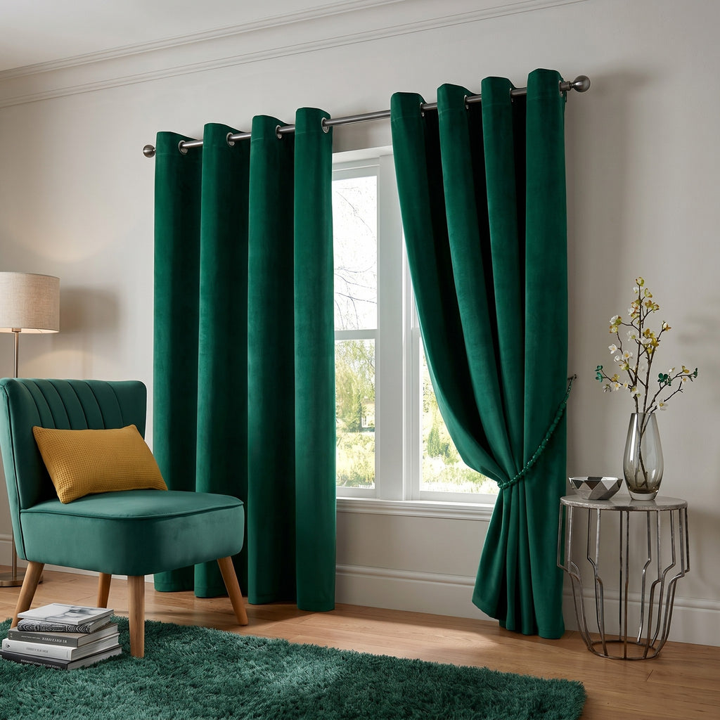 Velvet Blackout Eyelet Curtains in Green