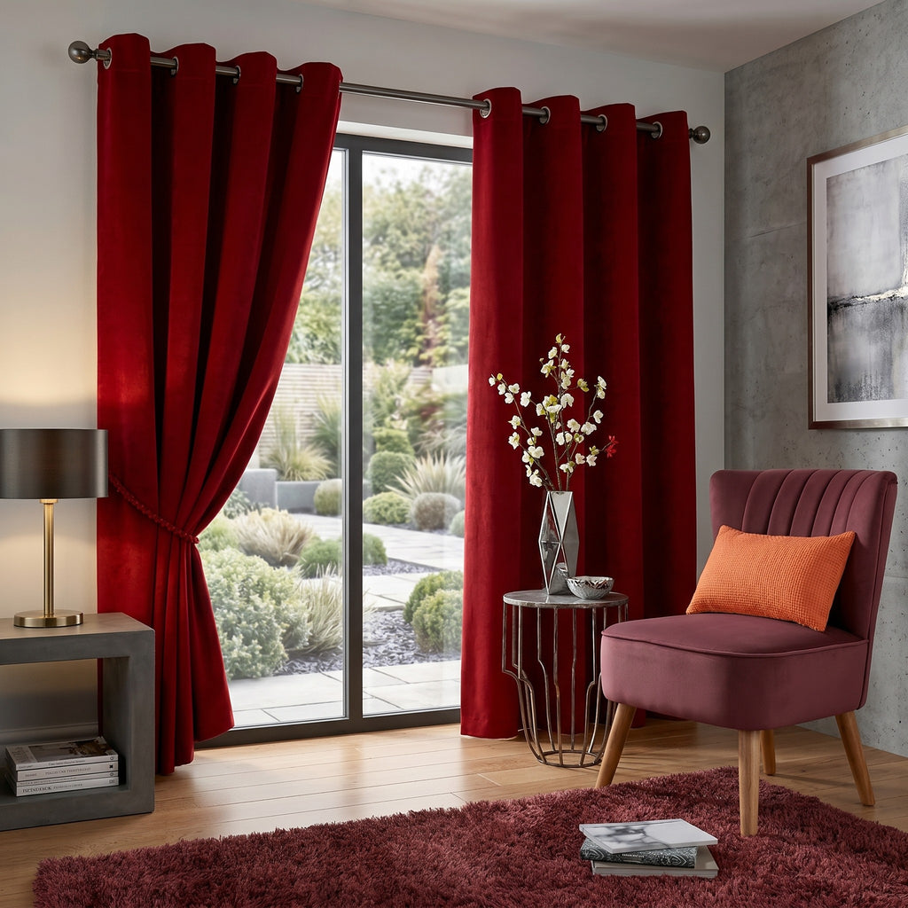 Velvet Blackout Eyelet Curtains in Red