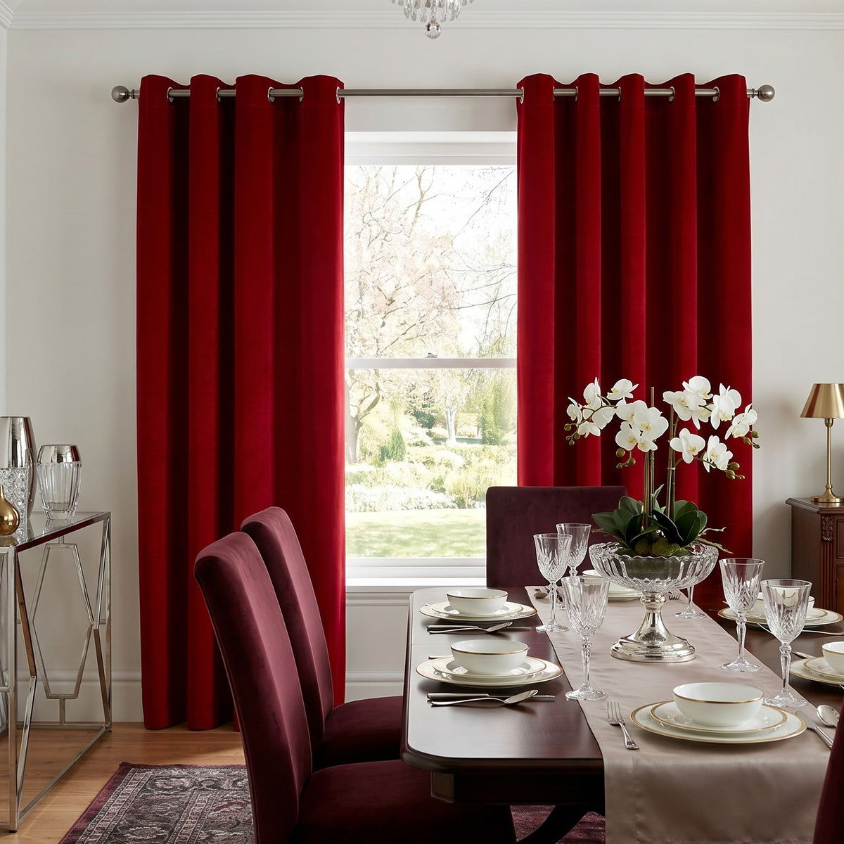 Velvet Blackout Eyelet Curtains in Red