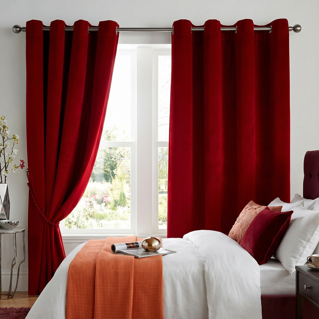 Velvet Blackout Eyelet Curtains in Red