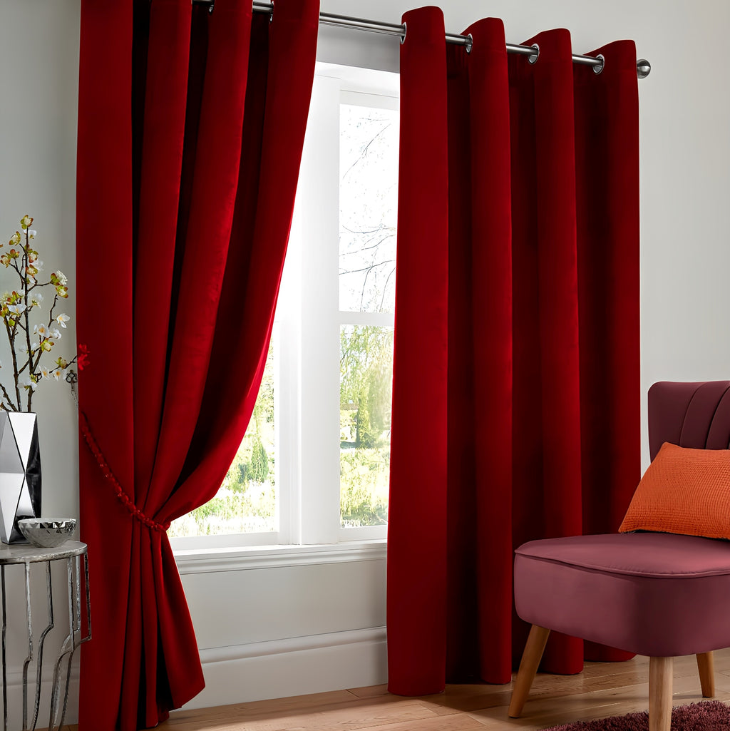 Velvet Blackout Eyelet Curtains in Red