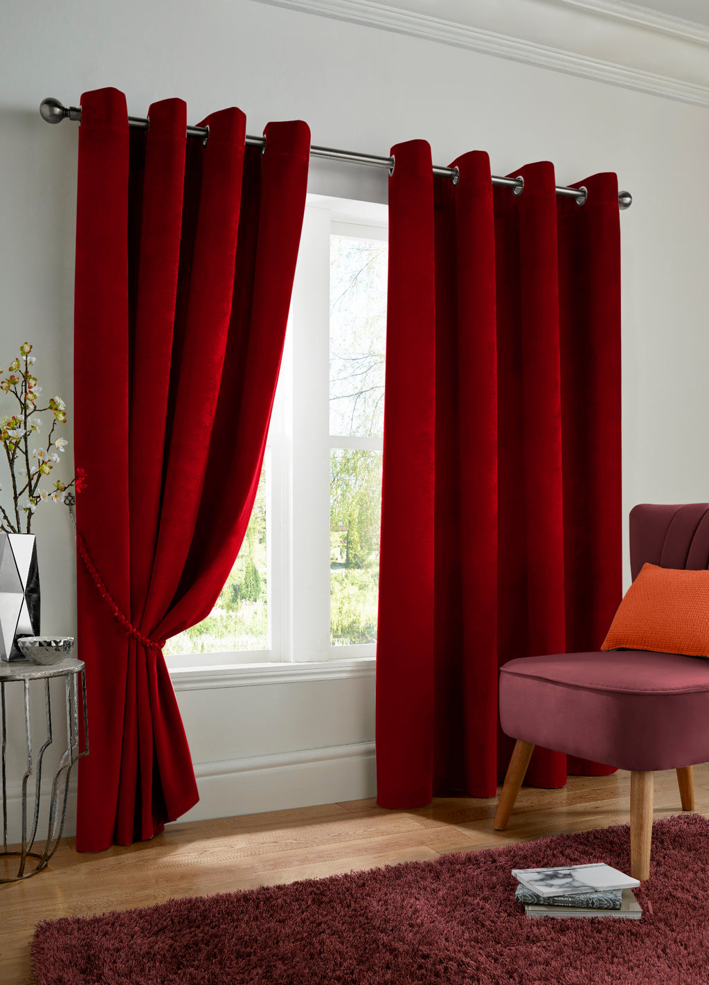 Velvet Blackout Eyelet Curtains in Red