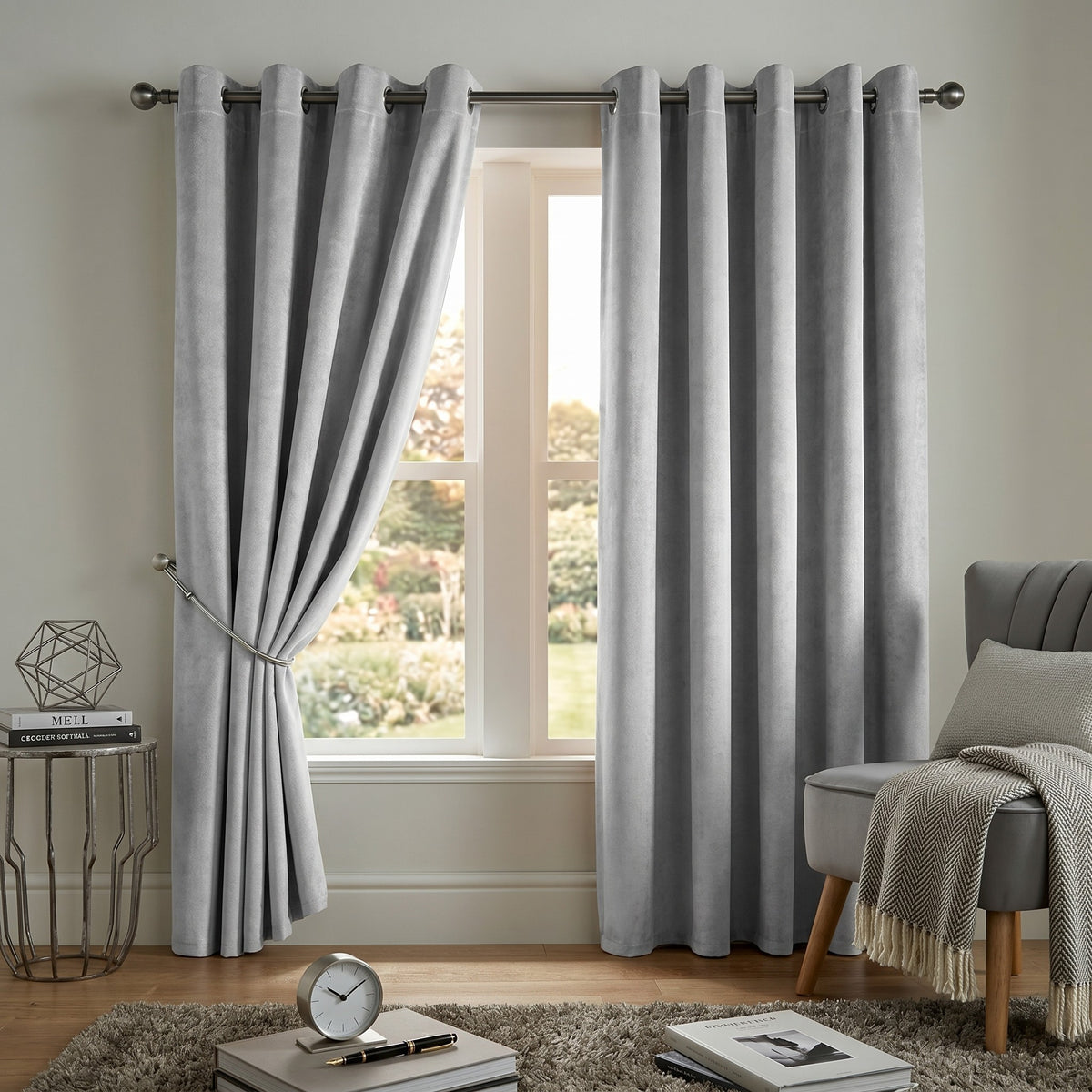 Velvet Blackout Eyelet Curtains in Silver