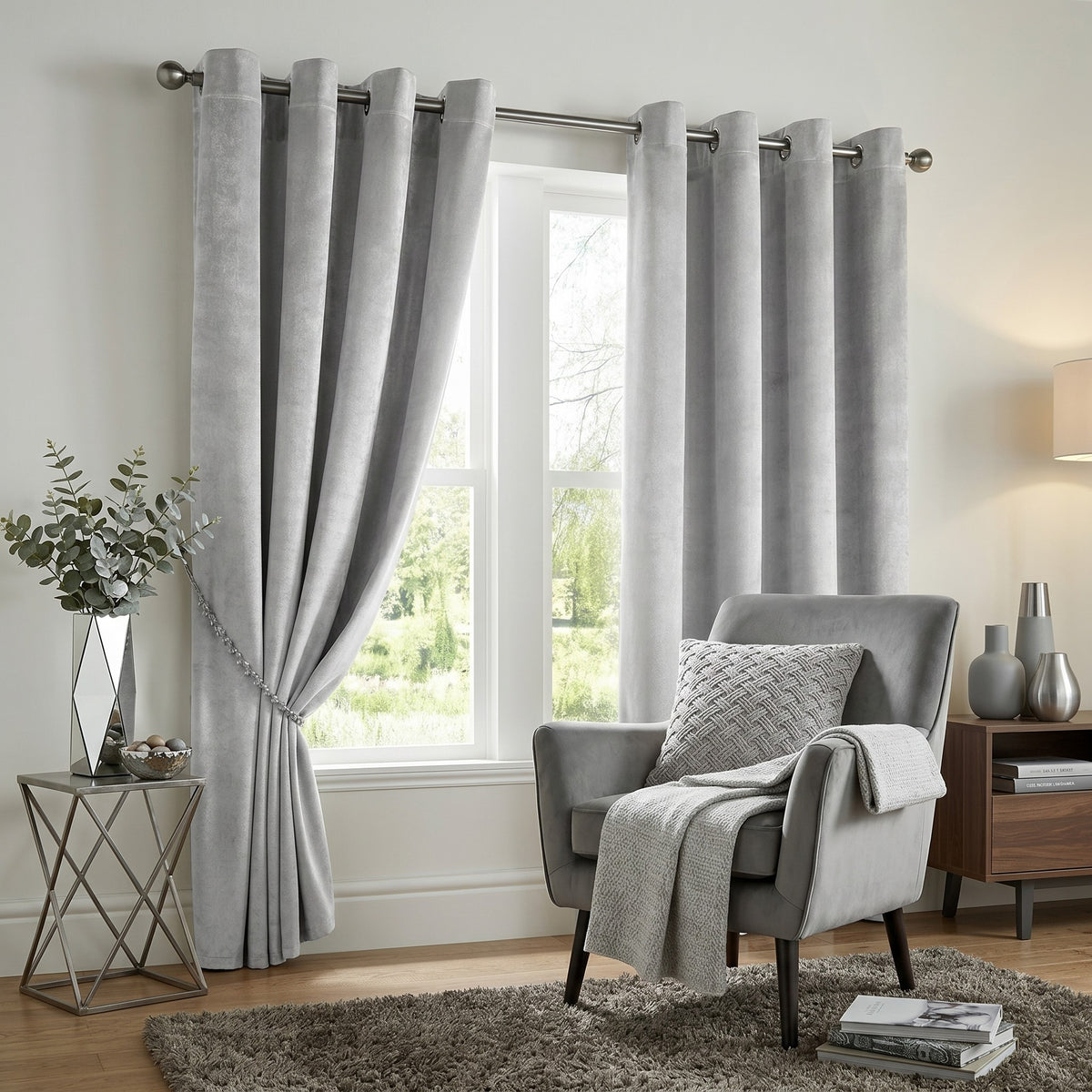 Velvet Blackout Eyelet Curtains in Silver