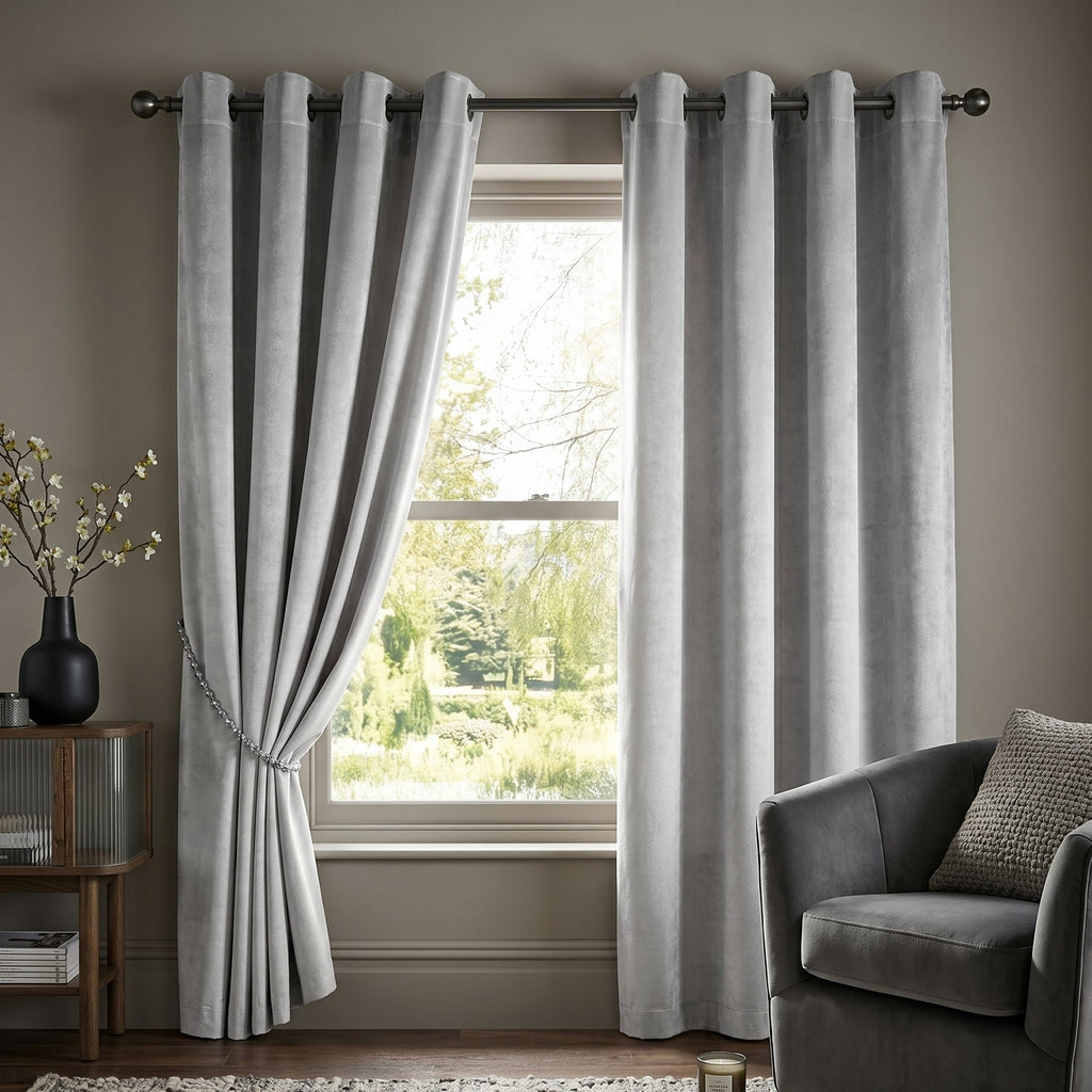 Velvet Blackout Eyelet Curtains in Silver