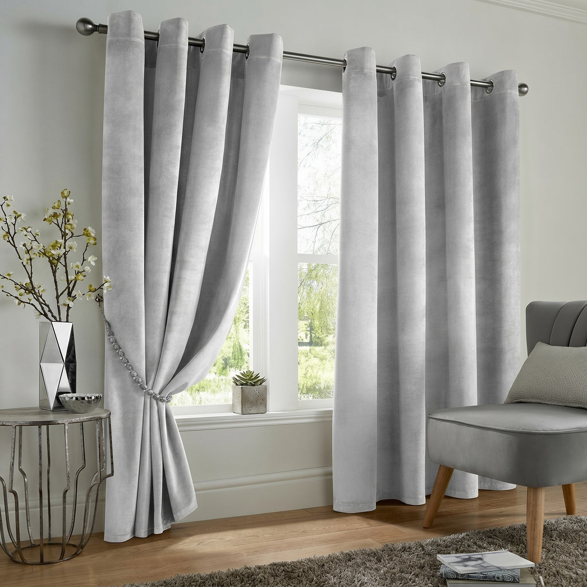 Velvet Blackout Eyelet Curtains in Silver