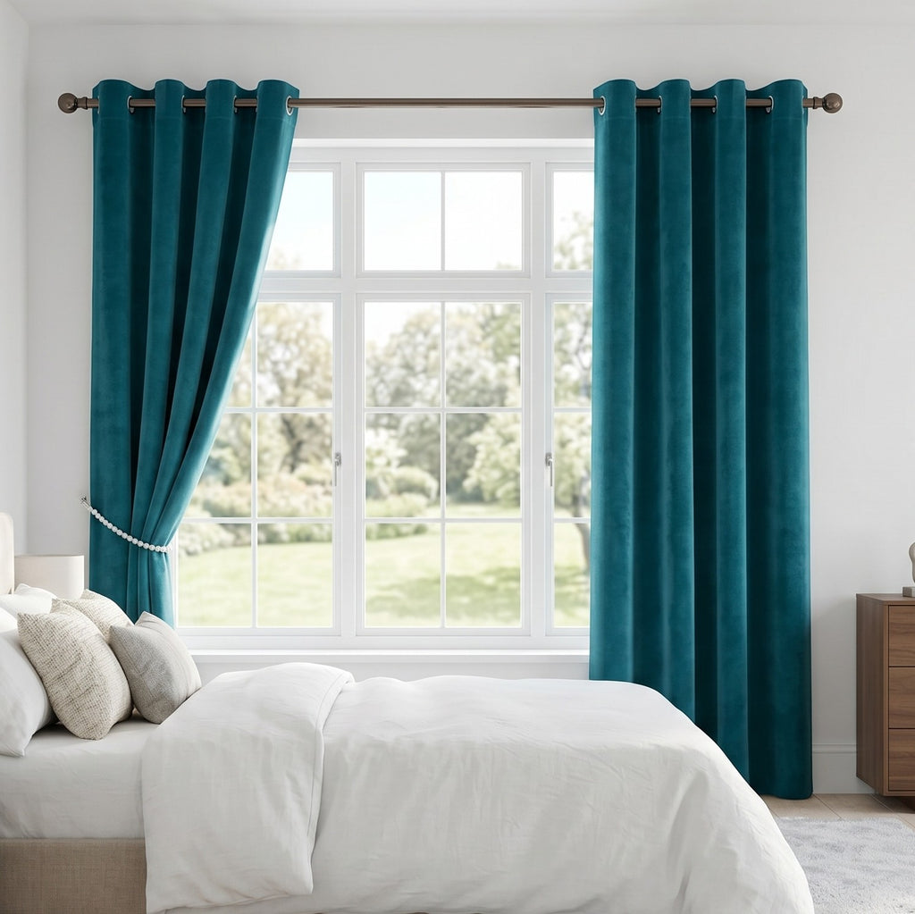 Velvet Blackout Eyelet Curtains in Teal