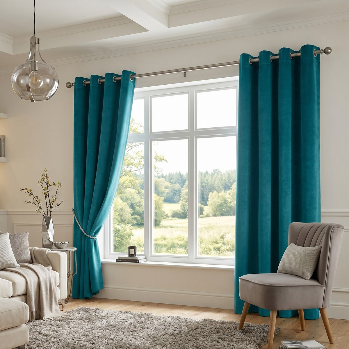 Velvet Blackout Eyelet Curtains in Teal