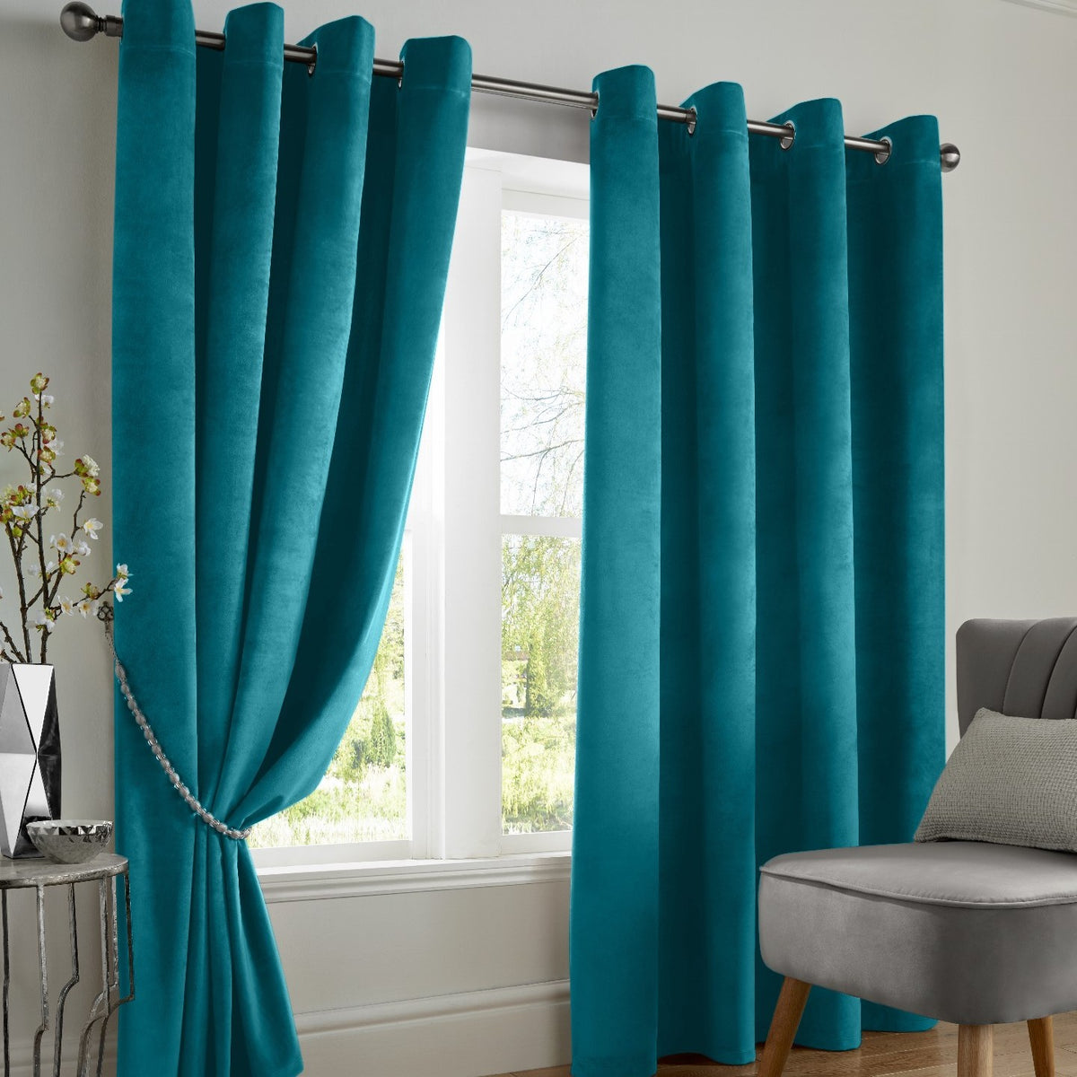 Velvet Blackout Eyelet Curtains in Teal