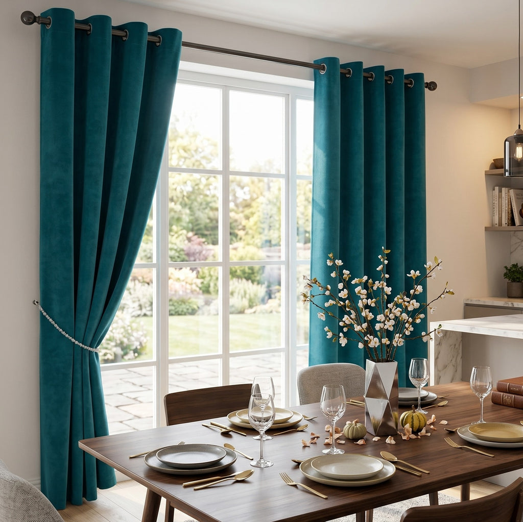 Velvet Blackout Eyelet Curtains in Teal
