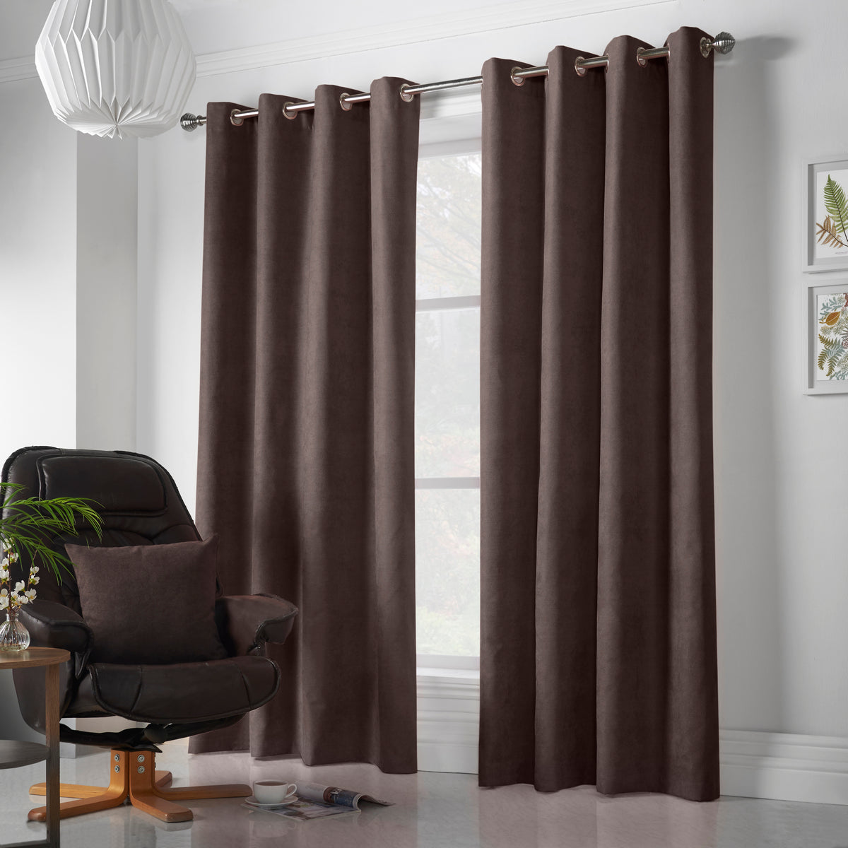 Velvet Chenille Eyelet Curtains in Chocolate