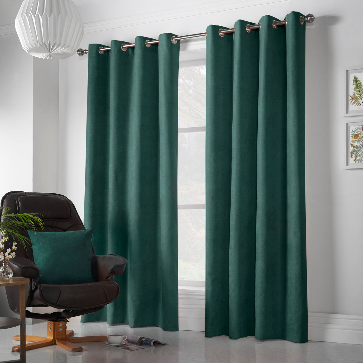 Velvet Chenille Eyelet Curtains in Green