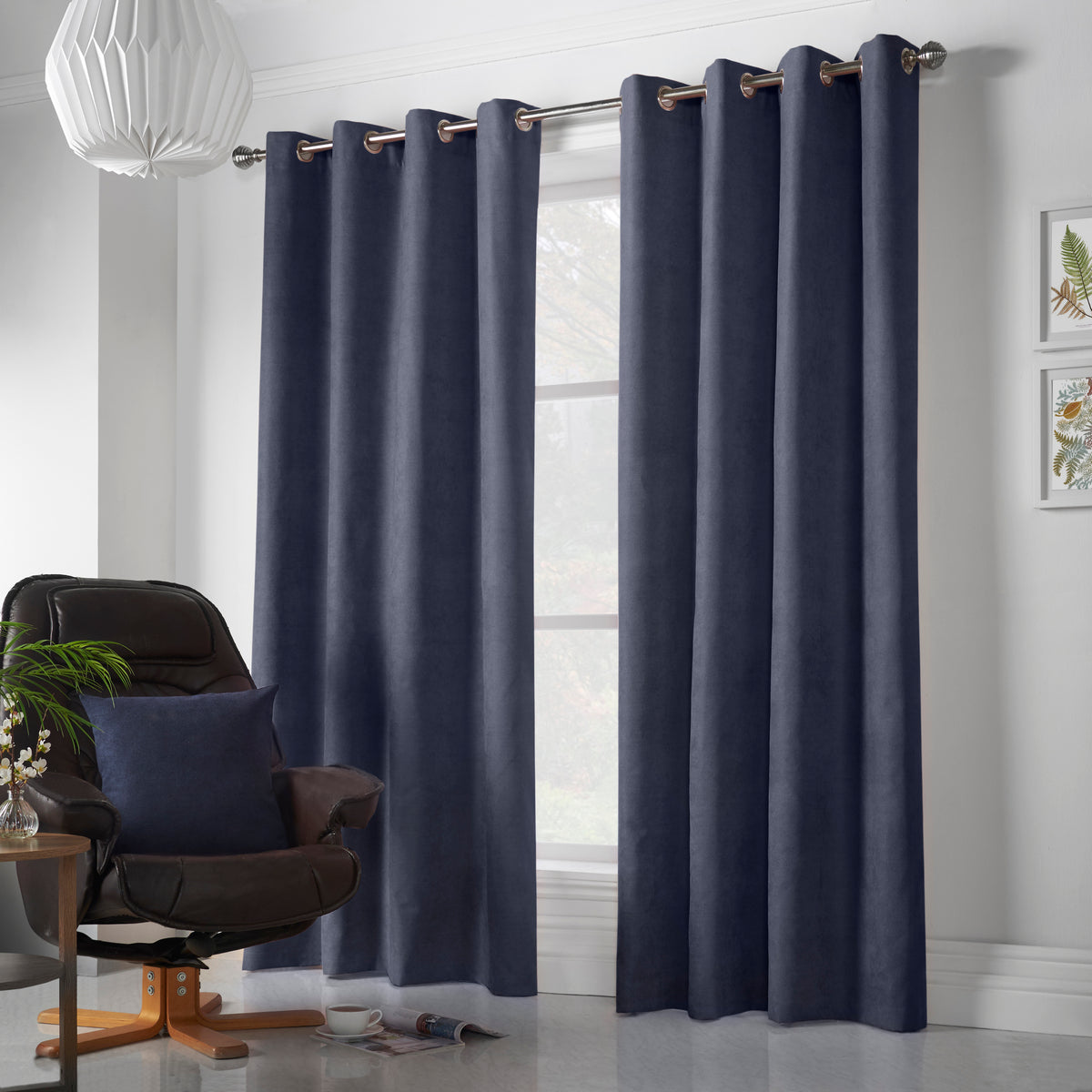 Velvet Chenille Eyelet Curtains in Navy