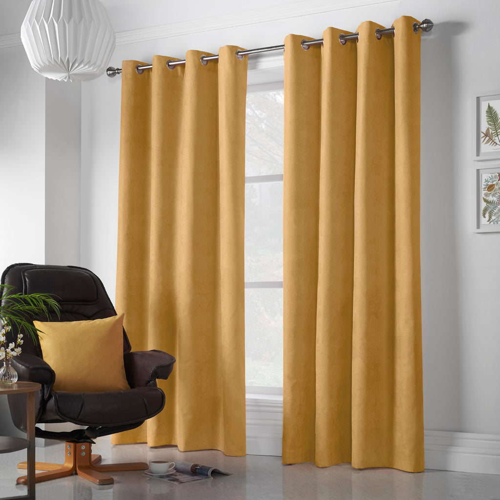 Velvet Chenille Eyelet Curtains in Ochre