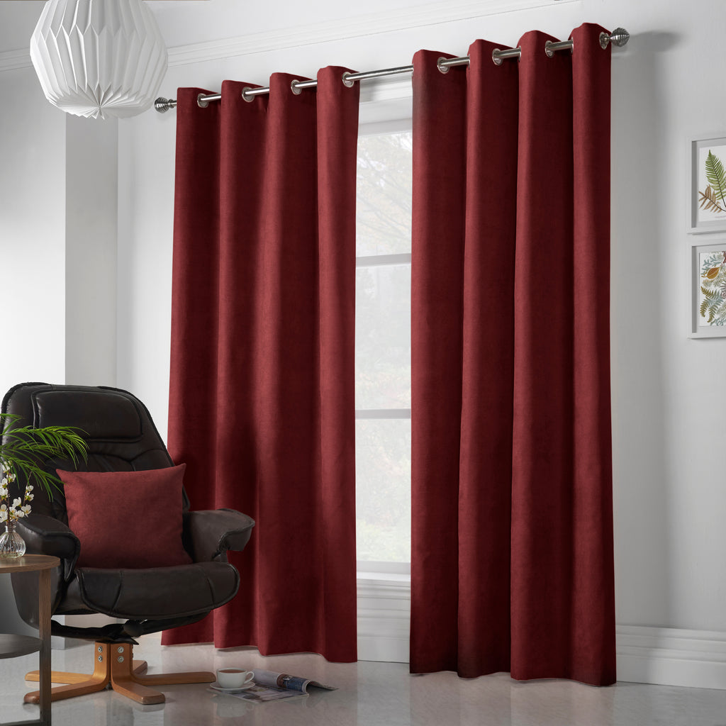 Velvet Chenille Eyelet Curtains in Red