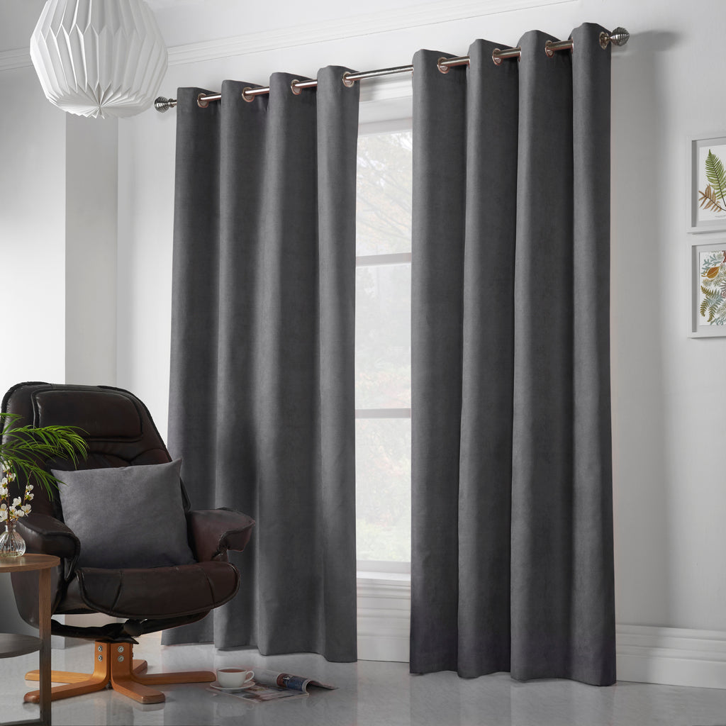 Velvet Chenille Eyelet Curtains in Slate