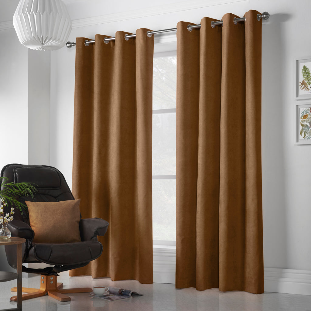 Velvet Chenille Eyelet Curtains in Tan