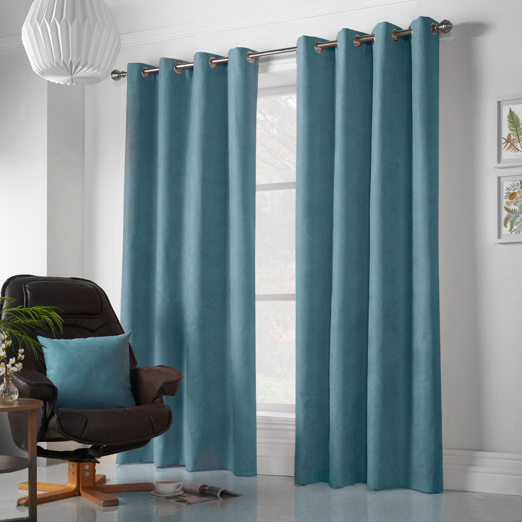 Velvet Chenille Eyelet Curtains in Teal