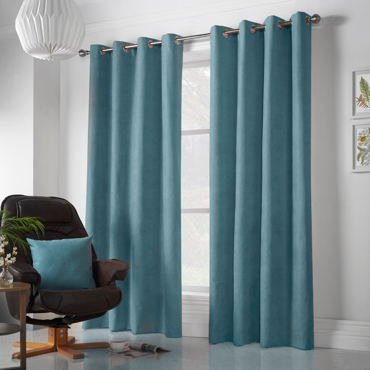 Velvet Chenille Eyelet Curtains in Teal